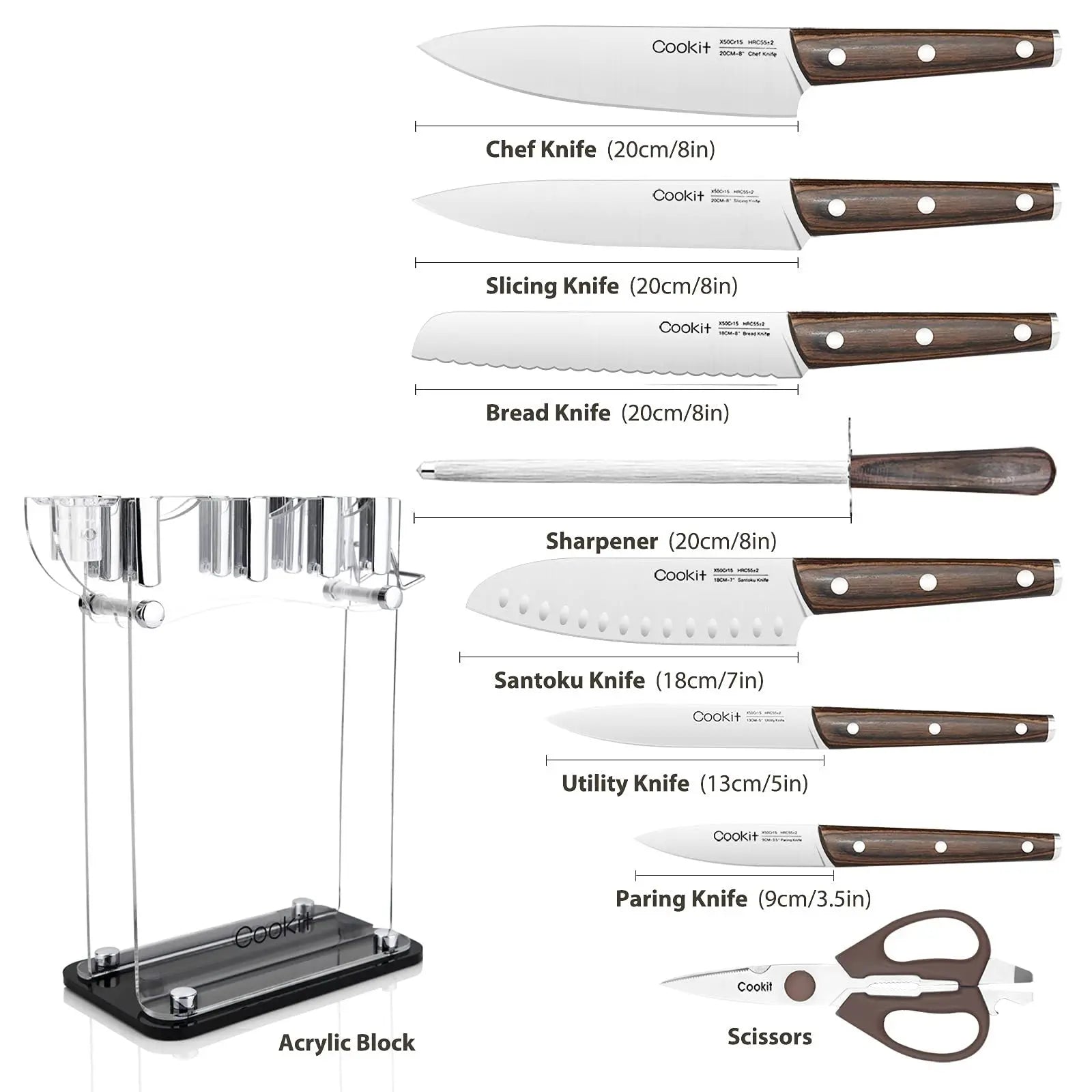 Knife Block with Knife, 9-Piece Kitchen Knife Set Sharp with Acrylic Block Holder, Wooden Handle with Manual Sharpener, Peeling Scissors - Best Cutlery Set Gift Amazon Platform Banned StriveHub