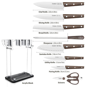 Knife Block with Knife, 9-Piece Kitchen Knife Set Sharp with Acrylic Block Holder, Wooden Handle with Manual Sharpener, Peeling Scissors - Best Cutlery Set Gift Amazon Platform Banned StriveHub