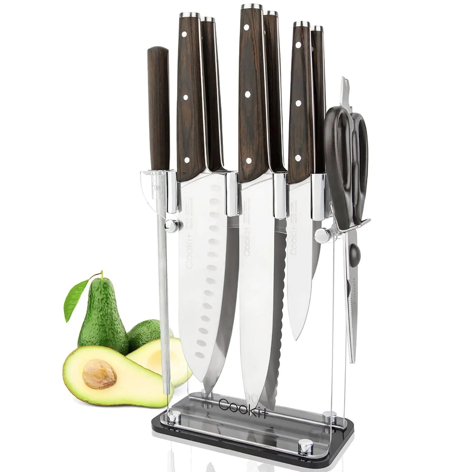 Knife Block with Knife, 9-Piece Kitchen Knife Set Sharp with Acrylic Block Holder, Wooden Handle with Manual Sharpener, Peeling Scissors - Best Cutlery Set Gift Amazon Platform Banned StriveHub