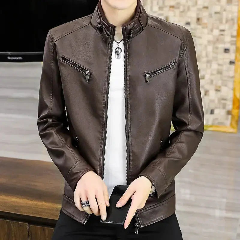 Fashionable Casual Trendy Korean Style Slim Fit Leather Jacket For Men New Arrival Autumn Winter Stand Collar Motorcycle Jacket s4strivehub