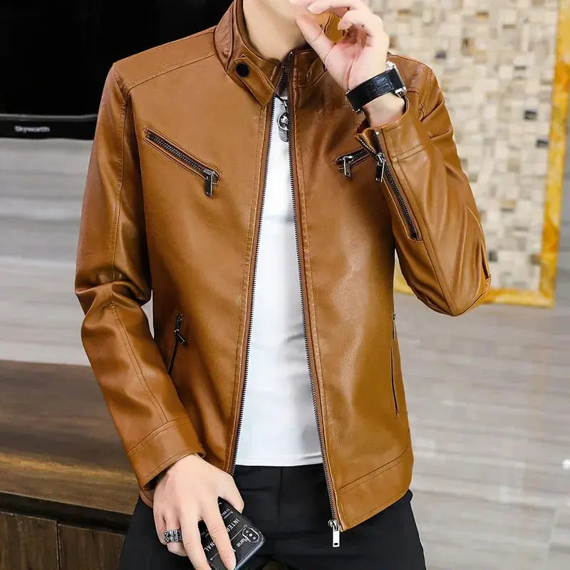 Fashionable Casual Trendy Korean Style Slim Fit Leather Jacket For Men New Arrival Autumn Winter Stand Collar Motorcycle Jacket s4strivehub