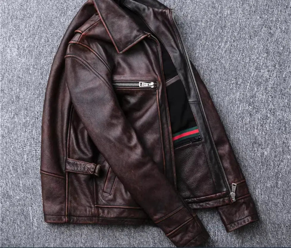 Red Brown Heavy Industry Used Motorcycle Retro Head Layer Genuine Leather Men's Jacket s4strivehub