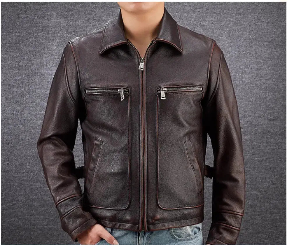 Red Brown Heavy Industry Used Motorcycle Retro Head Layer Genuine Leather Men's Jacket s4strivehub