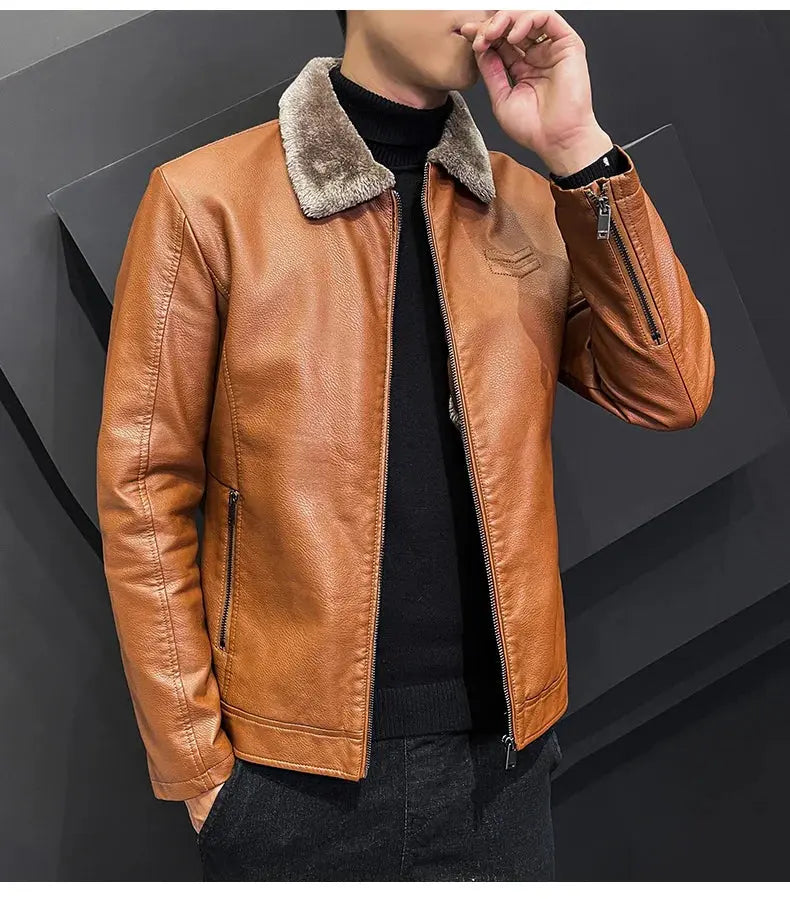 Vintage Brown Leather Jacket Men's Winter Faux Fur Collar Windproof Warm Coat Men's Luxury Clothing Brand chaqueta cuero hombre s4strivehub