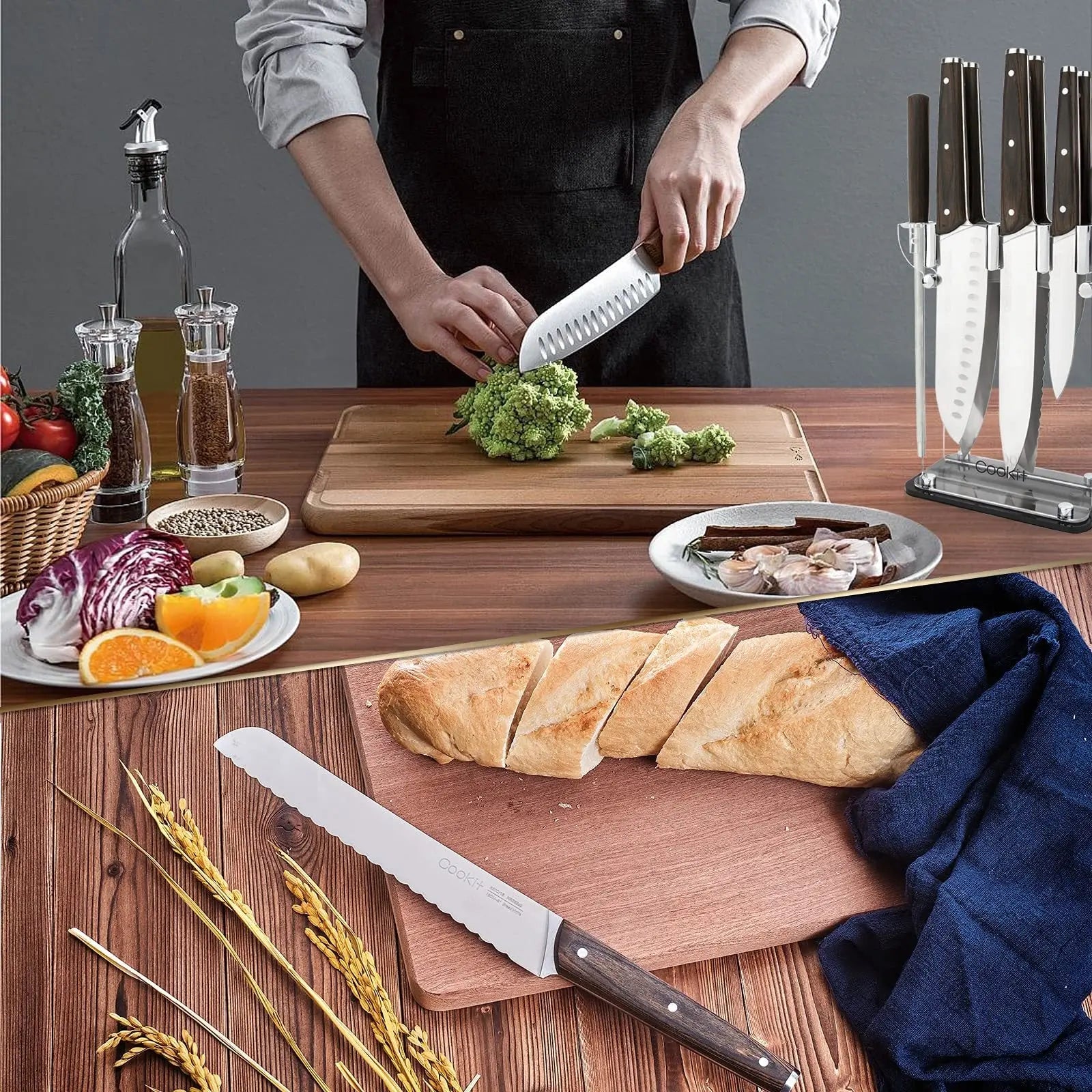 Knife Block with Knife, 9-Piece Kitchen Knife Set Sharp with Acrylic Block Holder, Wooden Handle with Manual Sharpener, Peeling Scissors - Best Cutlery Set Gift Amazon Platform Banned StriveHub